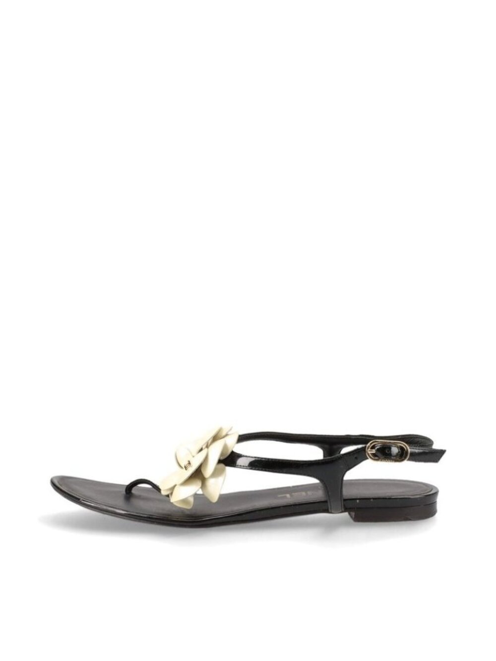 Chanel Coco Mark Camellia Patent Leather Sandals 35 C Black And Ivory - Picture 3 of 15